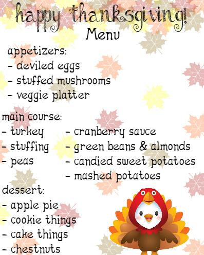 Thansgiving menu 2016